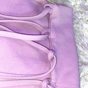 Strapless, light purple, cropped tee.